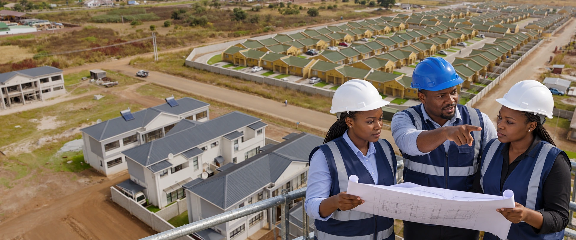 Synthetic Zimbabwean engineers reviewing plans above the real Madokero housing development