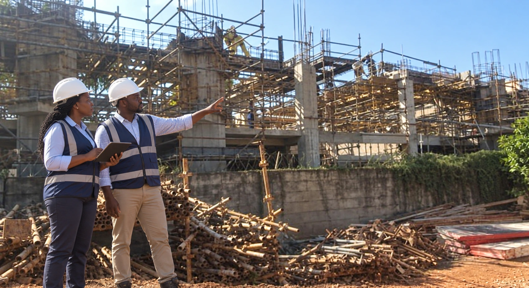 Synthetic Zimbabwean engineers inspecting a real Chisipo structural project